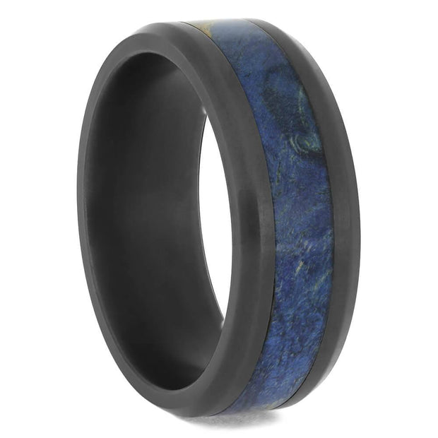 Men's black zirconium ring with blue box elder wood inlay