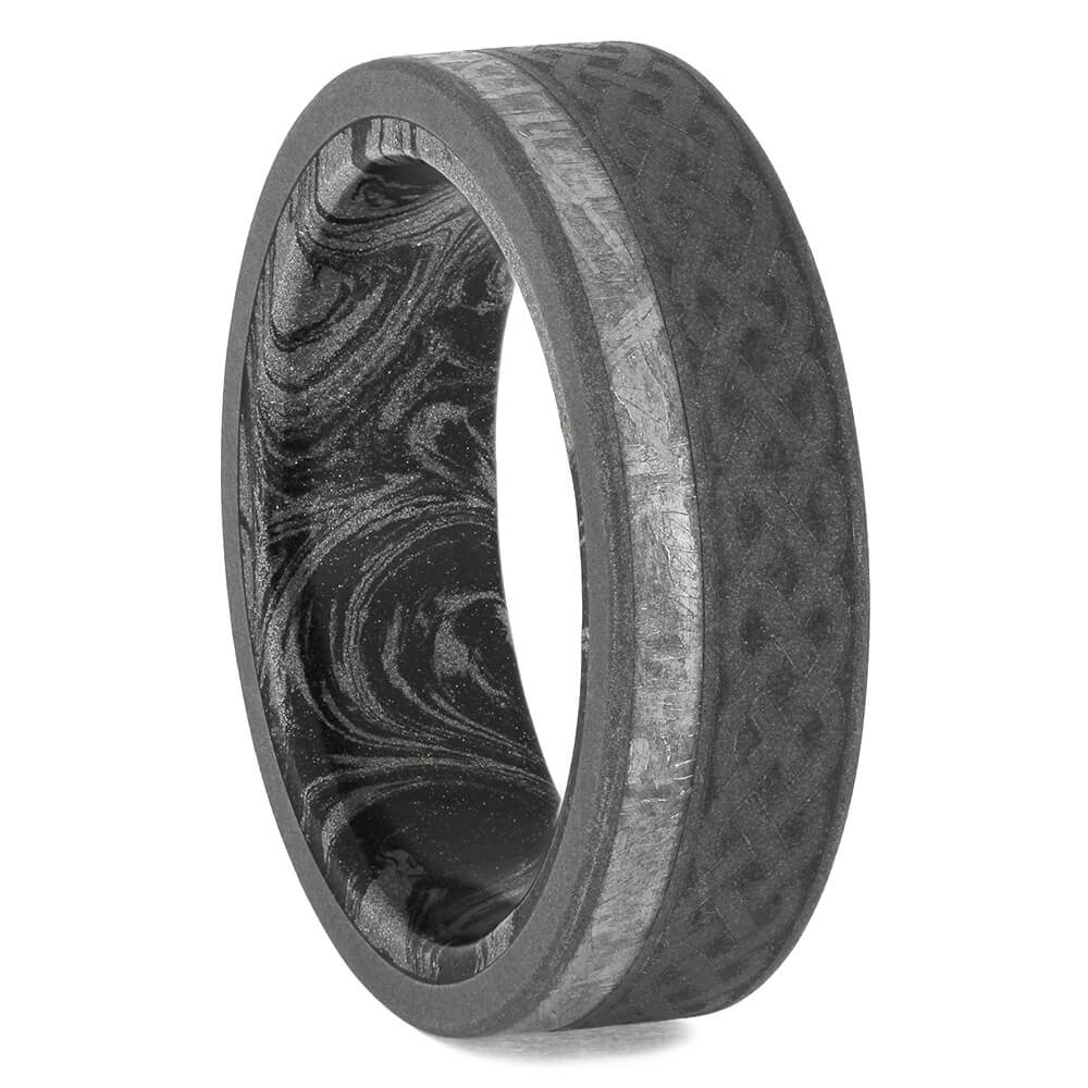 Men's meteorite ring with Celtic pattern and mokume sleeve