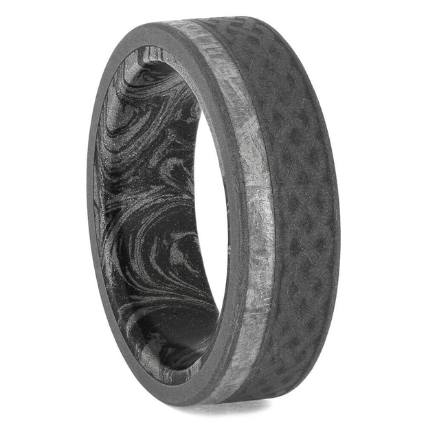Men's meteorite ring with Celtic pattern and mokume sleeve