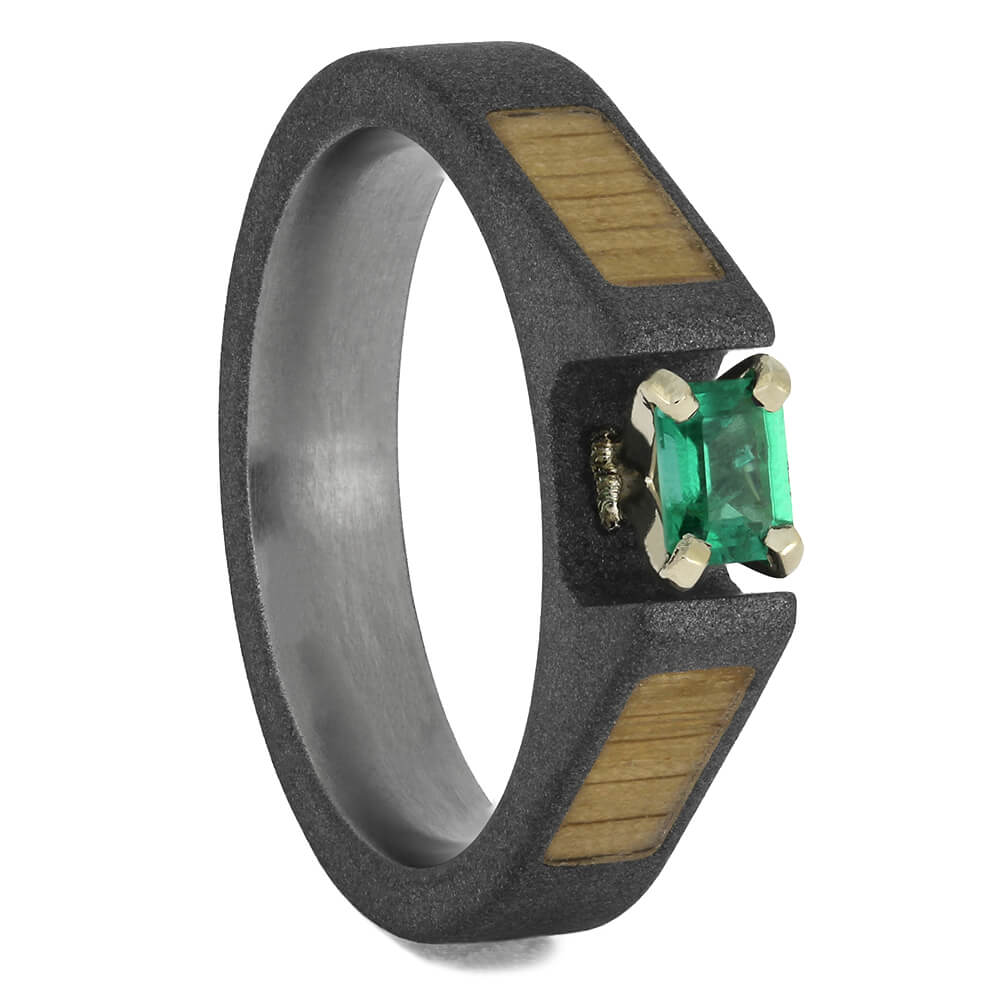 Emerald Engagement Ring with Oak Inlays