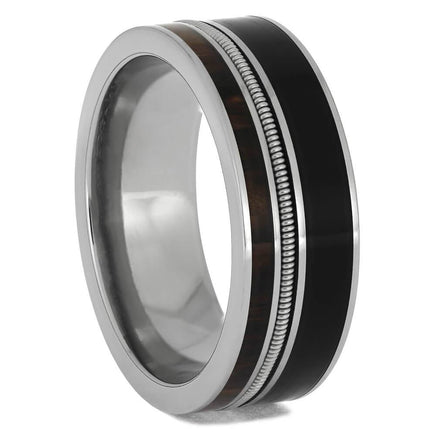 Guitar string ring with vinyl record inlay and palm wood