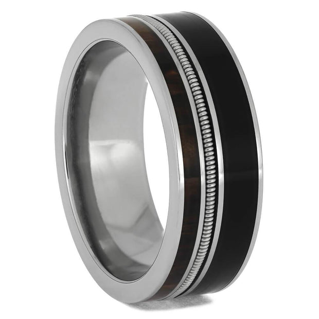 Guitar string ring with vinyl record inlay and palm wood