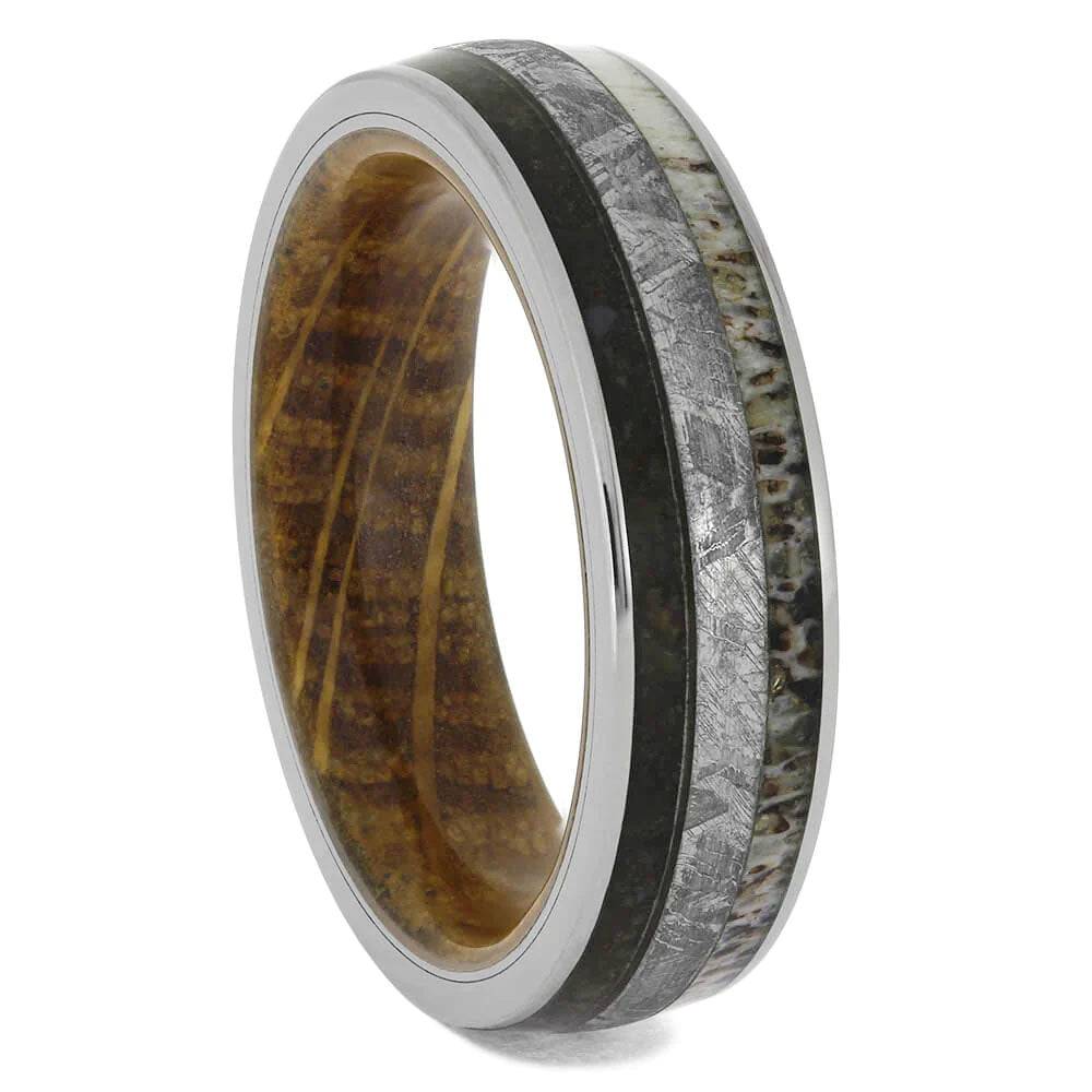 Whiskey Barrel Ring with Meteorite and Dinosaur Bone