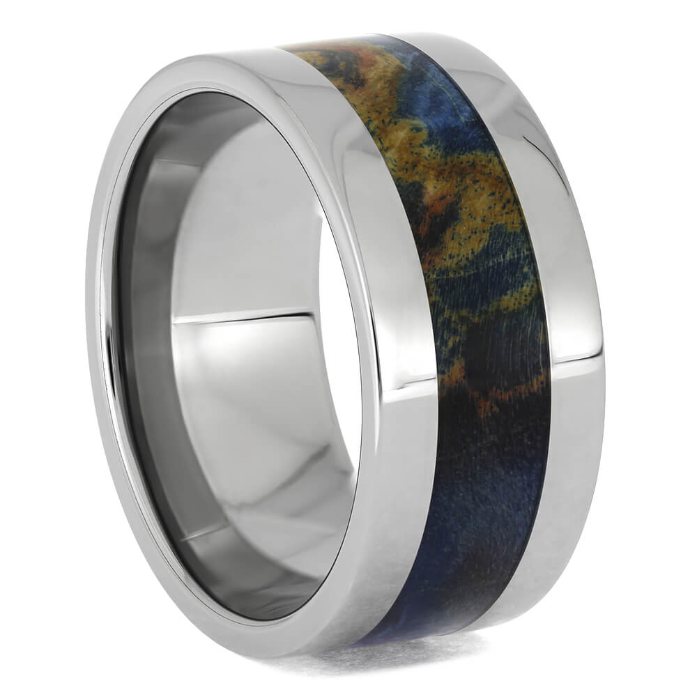 Blue Wood Wedding Band with Titanium Edges