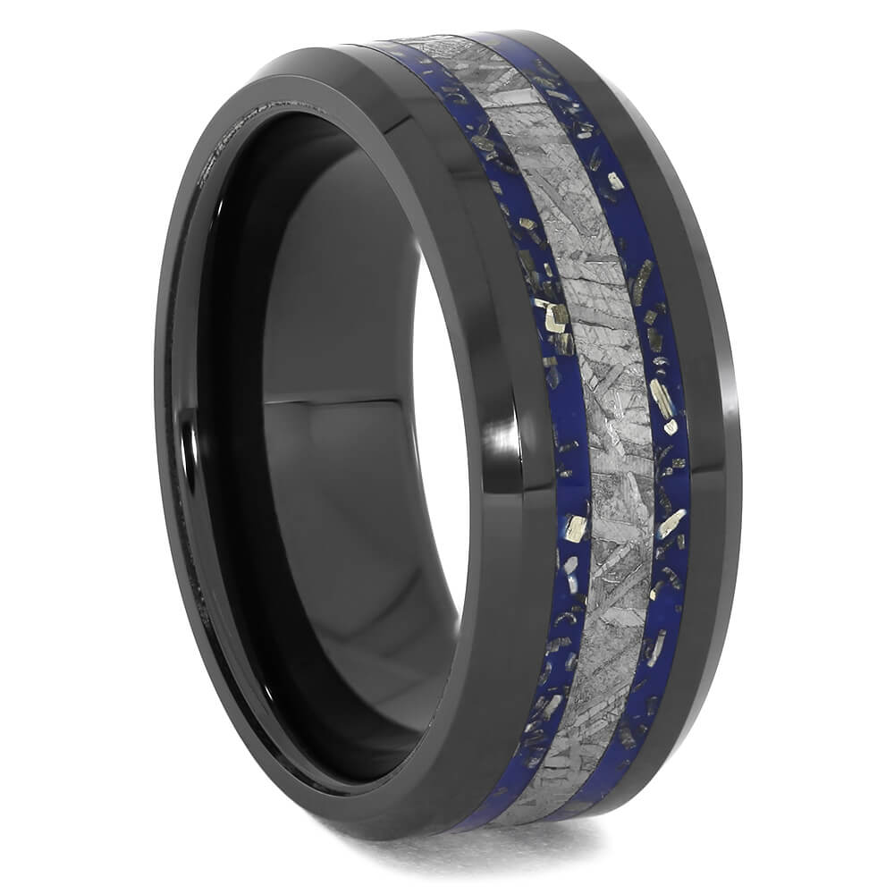 Blue Stardust and Meteorite Wedding Band in Black Ceramic, Size 7 - Jewelry by Johan
