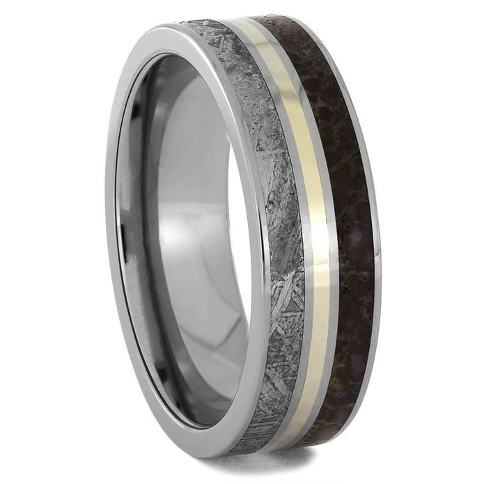 Dinosaur bone meteorite ring with white gold accent