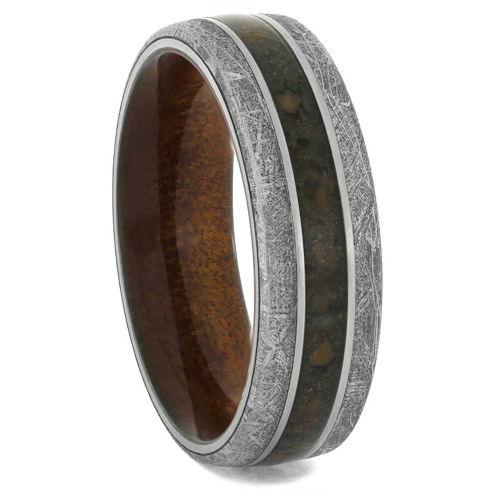 Meteorite and Fossil Ring with Kauri Wood Sleeve