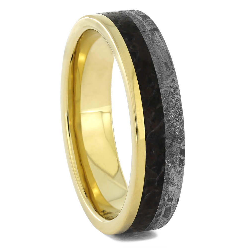Yellow Gold Ring With Fossil & Space Rock