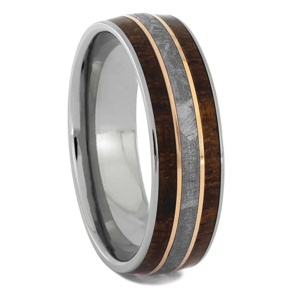 Koa Wood Rose Gold Ring with Authentic Meteorite