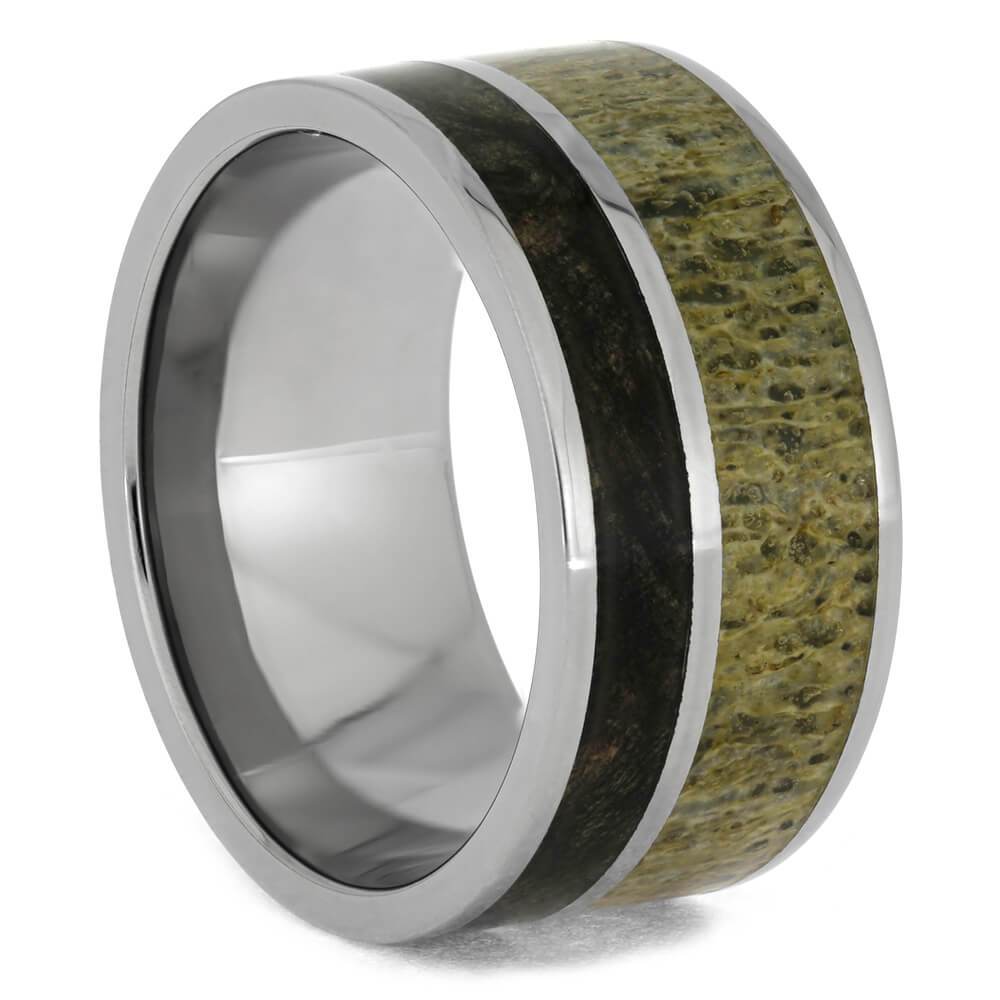 Deer Antler and Buckeye Burl Wood Ring in Titanium Band, Size 9.5-RS8975 - Jewelry by Johan