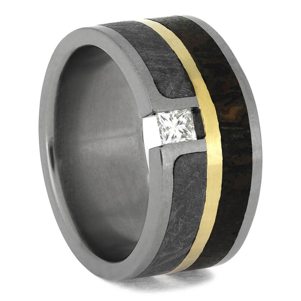 Diamond Ring with Meteorite and Dinosaur bone