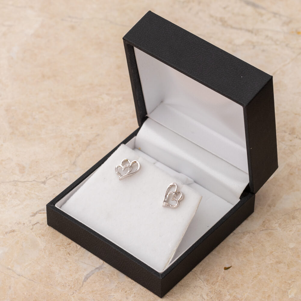 Double Heart Diamond Stud Earrings, Silver or White Gold-SHEF073362ATW - Jewelry by Johan