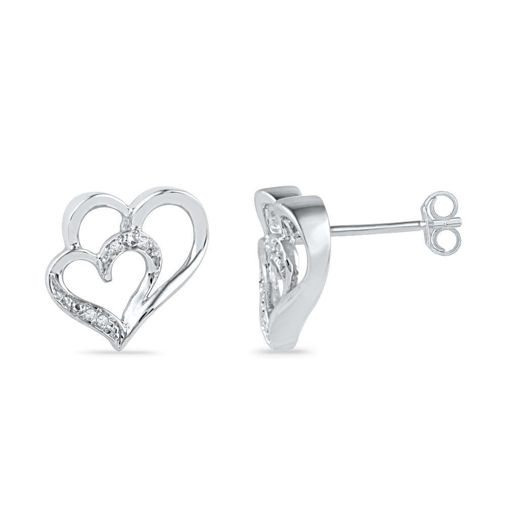 Double Heart Diamond Stud Earrings, Silver or White Gold - Jewelry by Johan