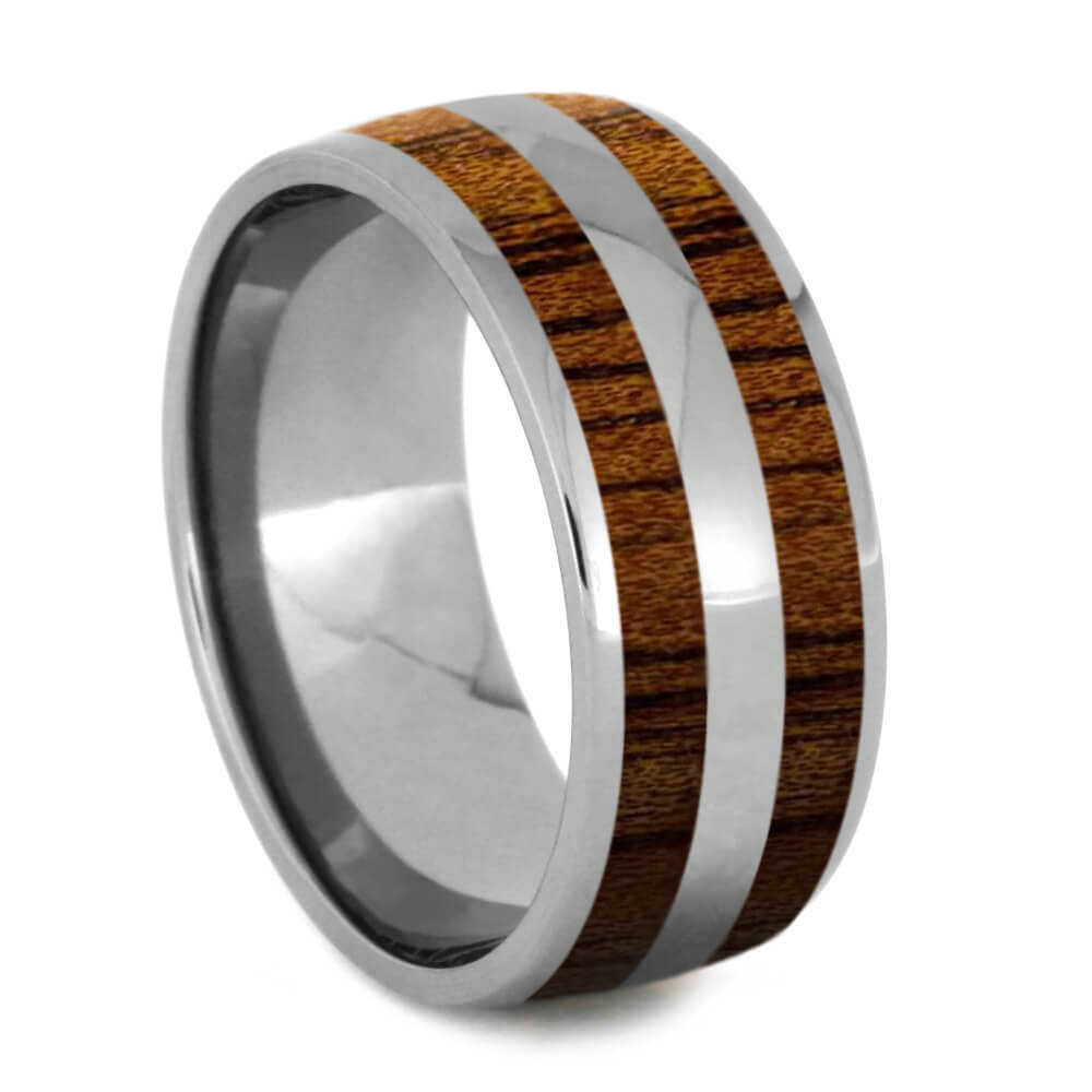 Double Inlay Titanium Koa Wood Ring, 7.5mm Round Profile, Polished Finish-SI8006 - Jewelry by Johan