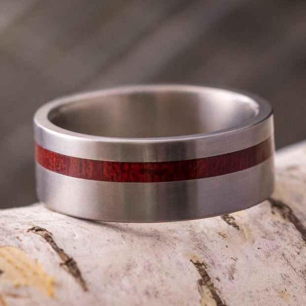 Titanium Wedding Band With Bloodwood Inlay-1250 - Jewelry by Johan