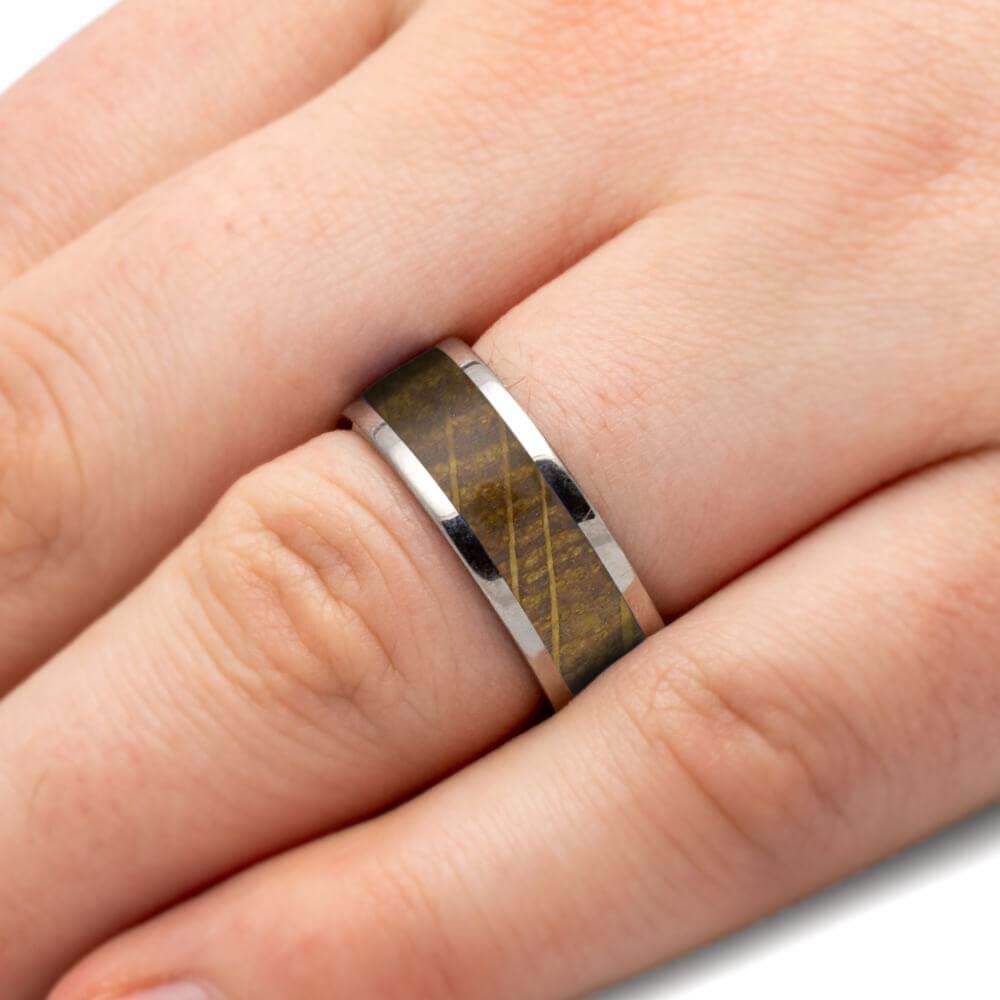 Satin Titanium Wood Lined Ring with Whiskey Barrel White Oak 6mm / 5-14 whole-half-quarter-available-enter in Notes During Checkout