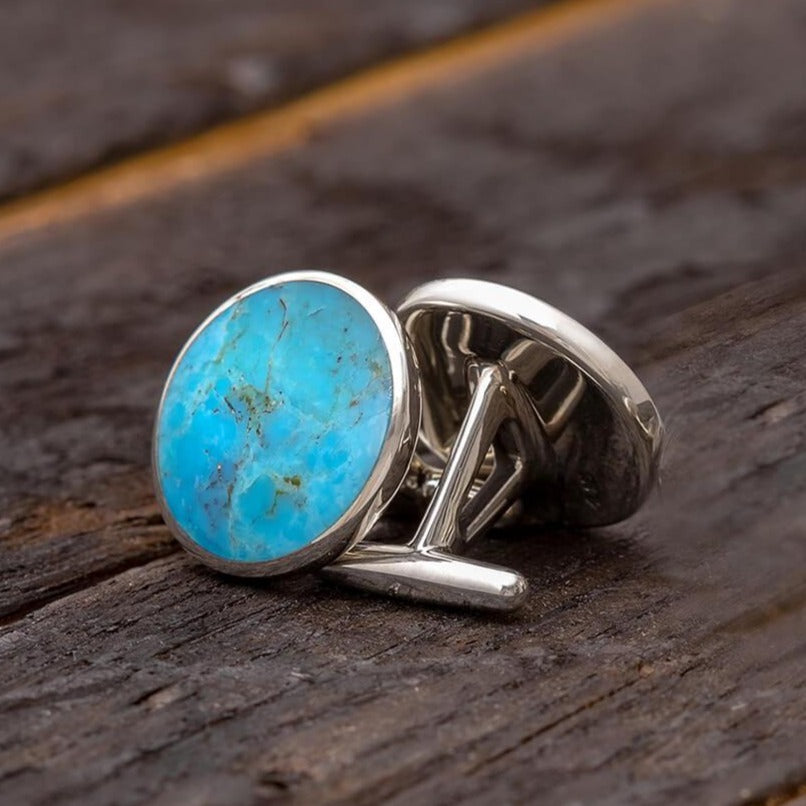 Genuine Turquoise Round Cuff Links, In Stock-SIG3043 - Jewelry by Johan