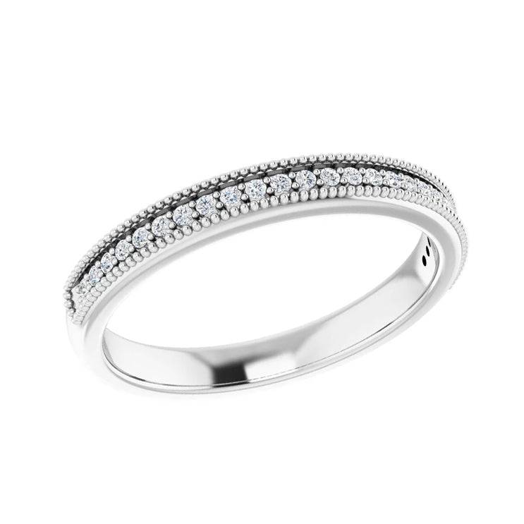 White gold diamond anniversary band with milgrain edges