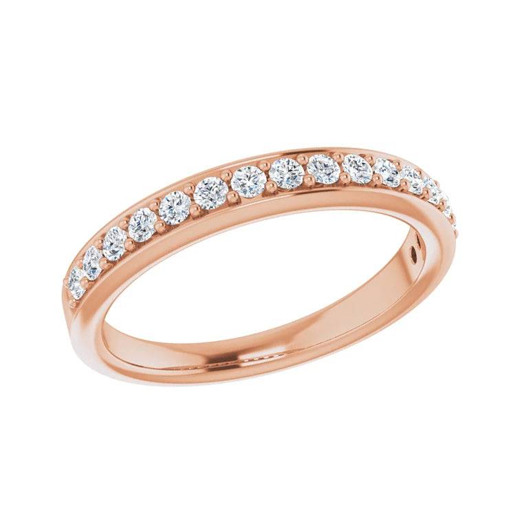 Rose gold diamond band with shared prong setting