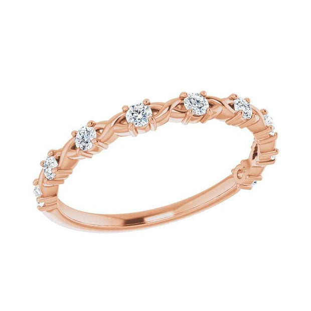 Elegant diamond half eternity ring in rose gold with criss cross design