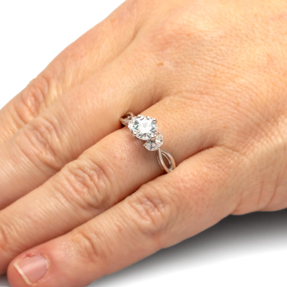 Round Cut Moissanite and Diamond Engagement Ring in White Gold-ST676-3M - Jewelry by Johan