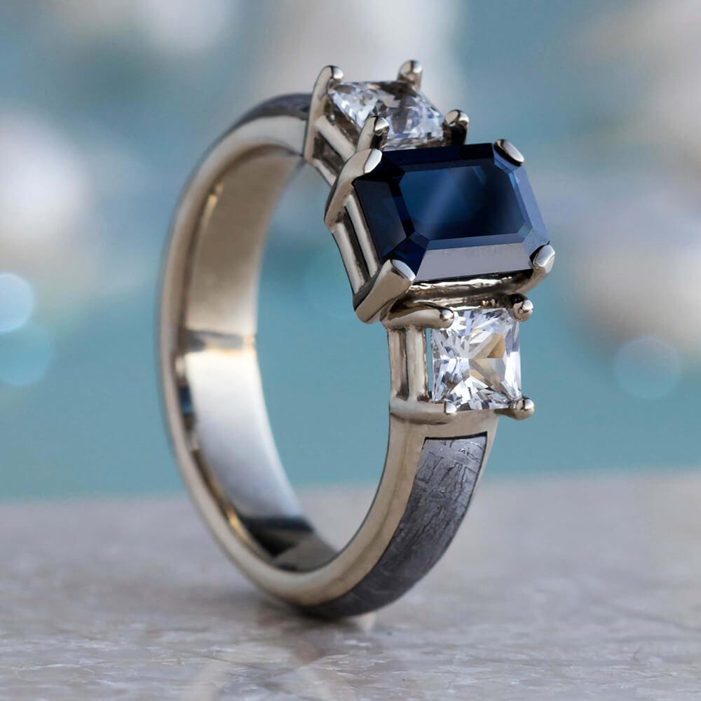 3 ctw Round Lab Grown Diamond and 7.2 mm Round Shape Created Sapphire Three- Stone Engagement Ring - Grownbrilliance
