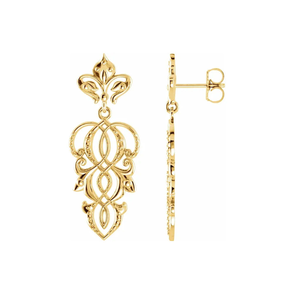 Gold Swirling Fleur-de-Lis Dangle Earrings