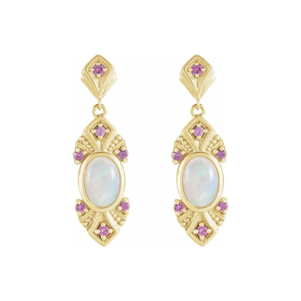 Natural Opal & Natural Pink Sapphire Vintage-Inspired Earrings