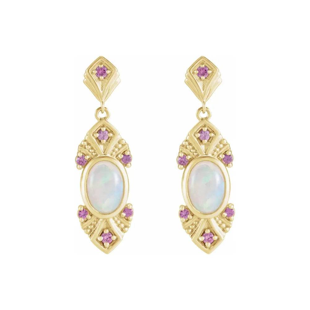 Natural Opal & Natural Pink Sapphire Vintage-Inspired Earrings