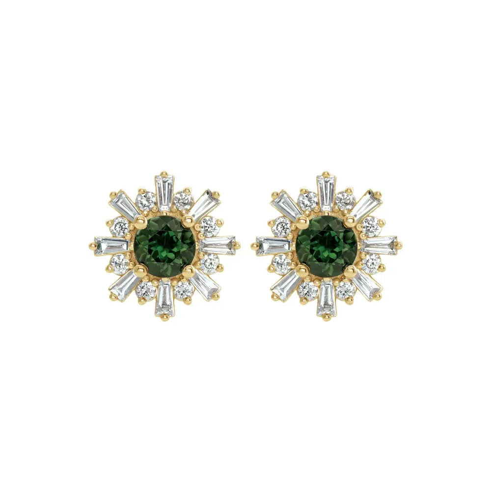 Natural Green Tourmaline & Natural Diamond Stud Earrings