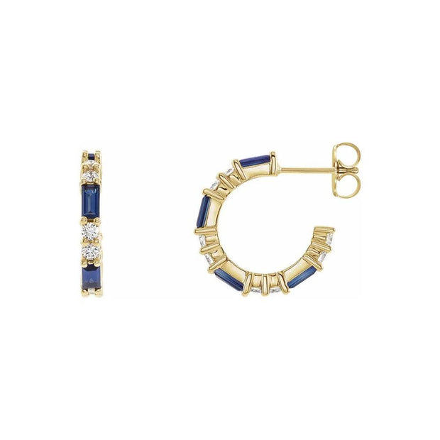 Natural Blue Sapphire & Natural Diamond Hoop Earrings