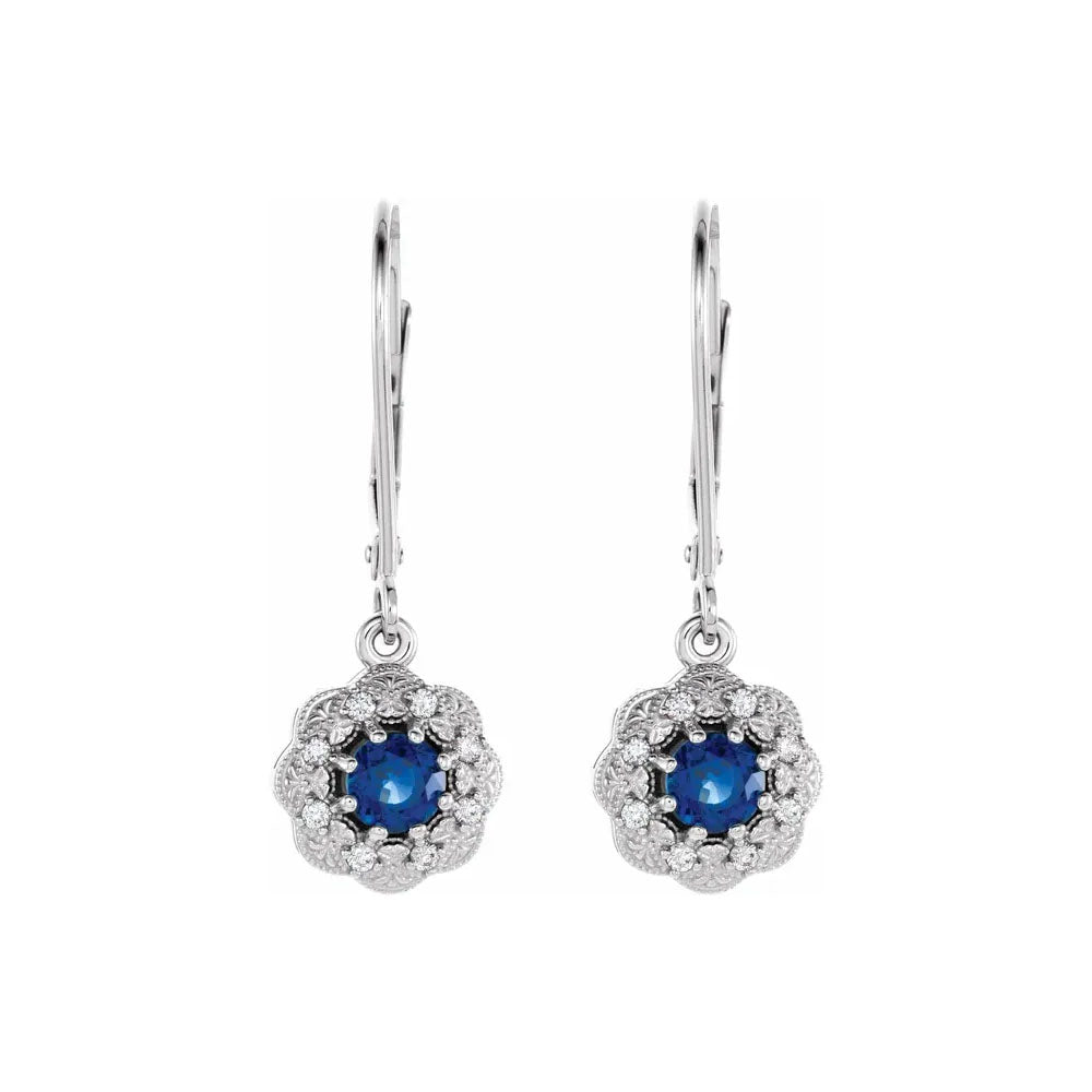 Natural Blue Sapphire & Natural Diamond Halo Dangle Earrings
