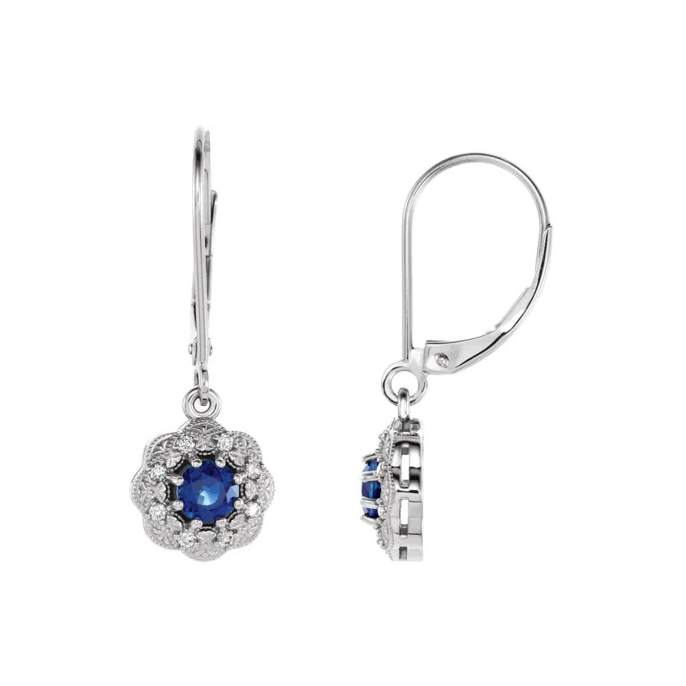 Natural Blue Sapphire & Natural Diamond Halo Dangle Earrings