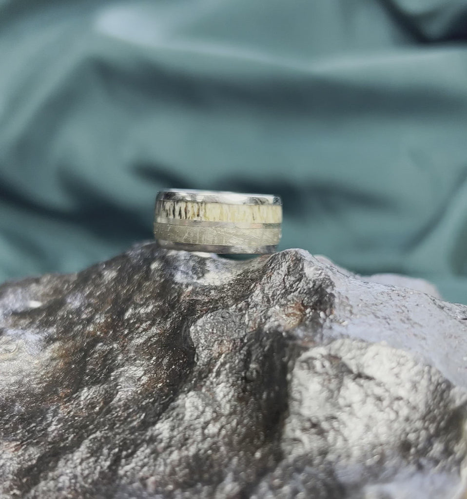 Antler & Meteorite Ring With Gold Pinstripe