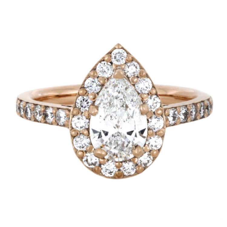 Pear Shaped Moissanite Engagement Ring, Diamond Halo Ring In Rose Gold-2309 - Jewelry by Johan