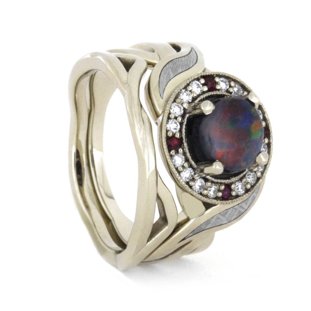 Opal Halo Engagement Ring Set With Diamond And Ruby Accents, 14K White Gold