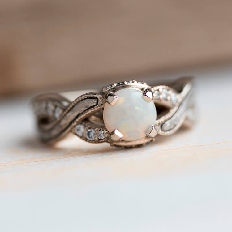 Opal Engagement Ring With Twist Band Featuring Diamond Accents And Meteorite Inlay-3678 - Jewelry by Johan