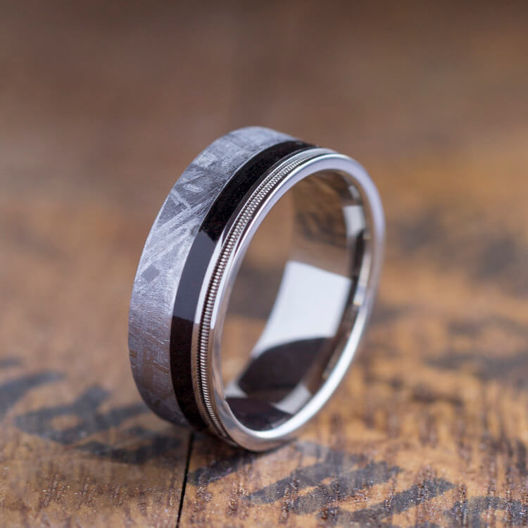 Guitar String Ring With Meteorite And Ebony Wood In Titanium-3404 - Jewelry by Johan