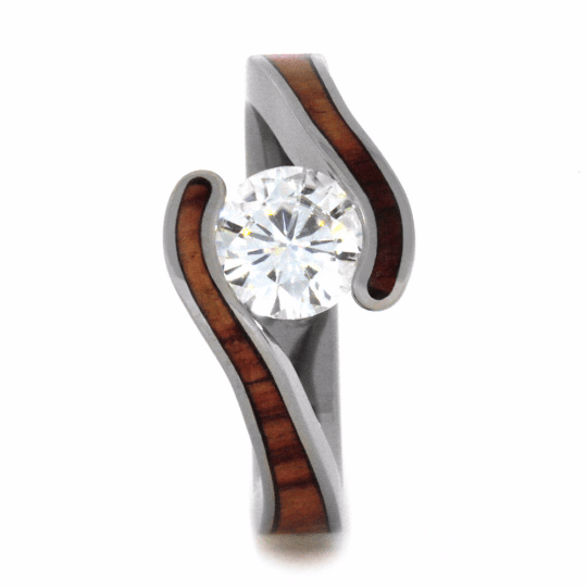 Moissanite & Wood Wedding Ring Set in Titanium