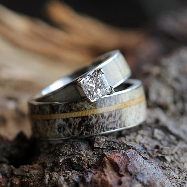 Antler Wedding Ring Set With Princess Cut Moissanite Engagement Ring
