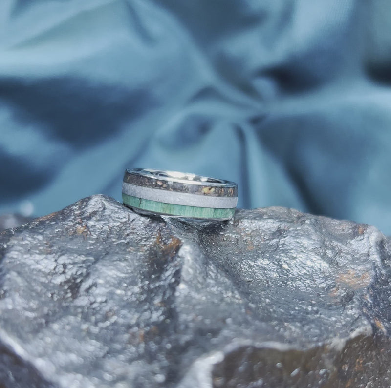 Meteorite, Dinosaur Bone & Green Wood Ring