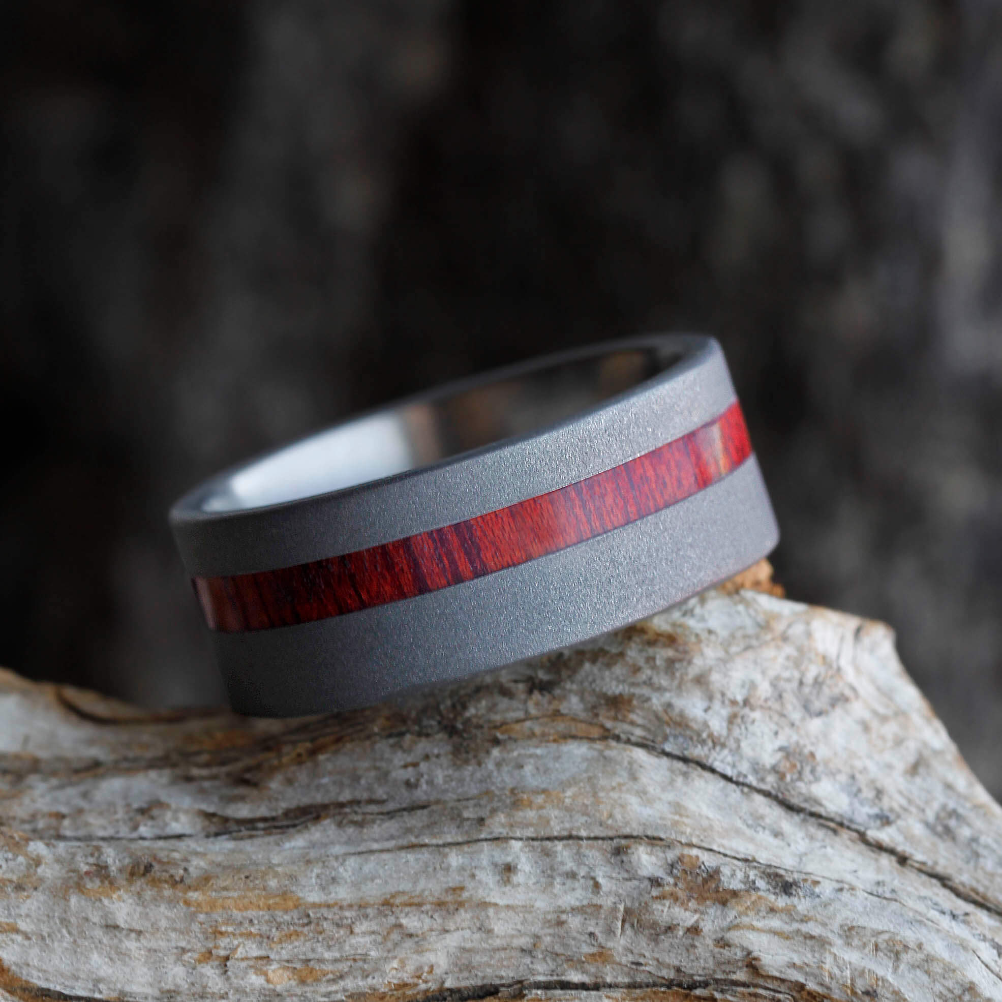 Sandblasted Titanium Wedding Band With A Thin Bloodwood Pinstripe-2688 - Jewelry by Johan