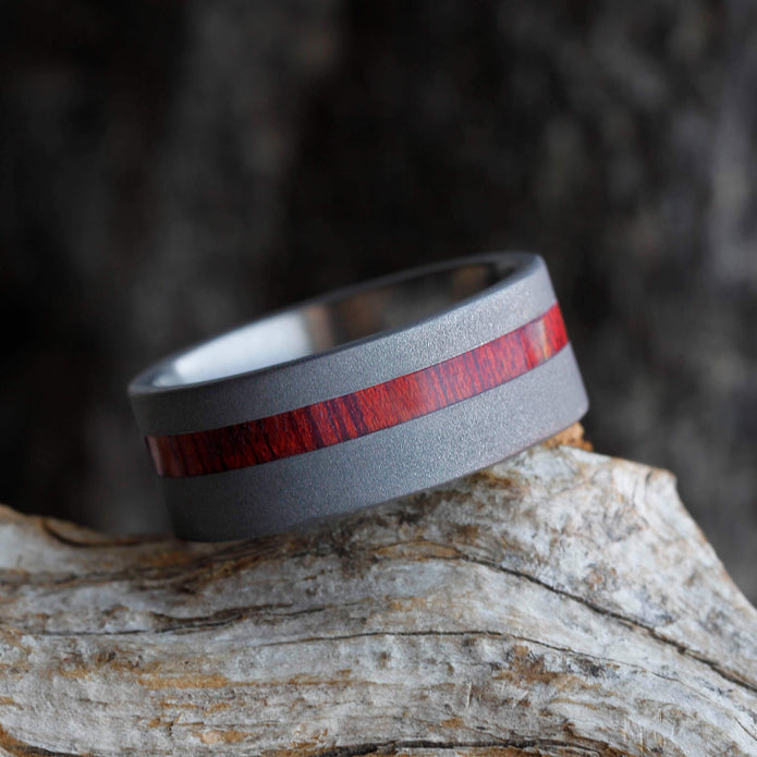 Sandblasted Titanium Wedding Band With A Thin Bloodwood Pinstripe-2688 - Jewelry by Johan