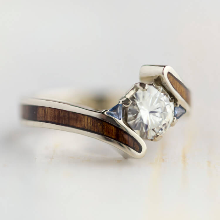 Moissanite Engagement Ring With Tanzanite Accents, Wood Ring in White Gold-2581 - Jewelry by Johan