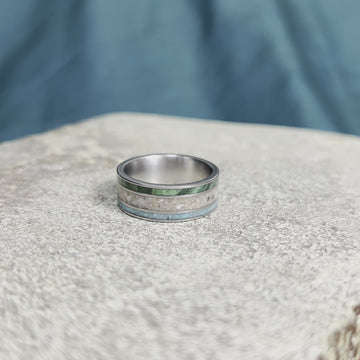 Triple Inlay Memorial Ring With Ashes, Turquoise & Green Wood