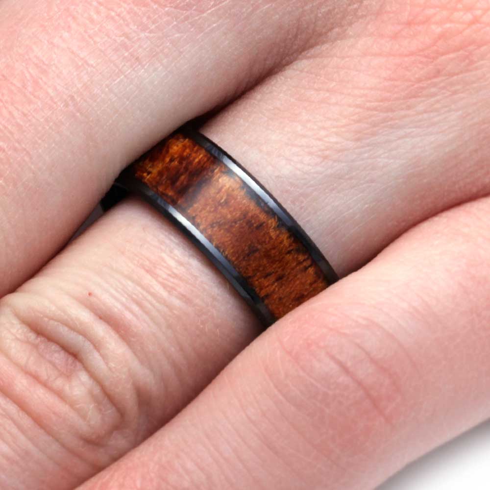 Wood Ring in Black Ceramic Wedding Band, Koa Wood-2934 - Jewelry by Johan