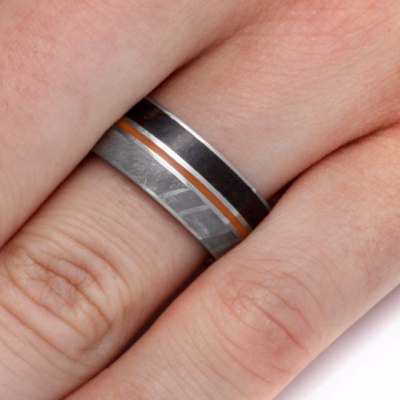 Titanium Ring With Dinosaur Bone, Meteorite & Orange Enamel-2122 - Jewelry by Johan