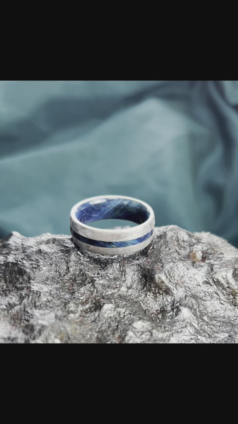 Blue Men's Ring With Gibeon Meteorite, Colorful Wedding Band