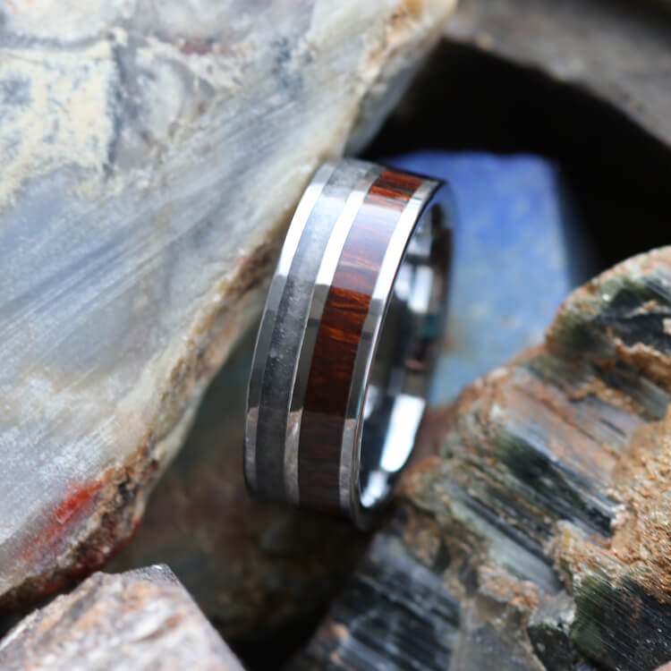 Crushed Obsidian Wedding Band With Ironwood, Tungsten Ring With Titanium-3697 - Jewelry by Johan