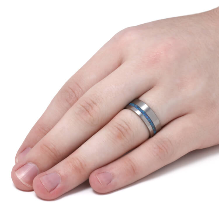 Crushed Synthetic Opal Wedding Band, Matte Titanium Ring-3698 - Jewelry by Johan